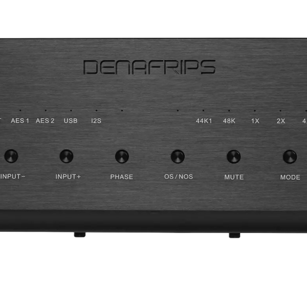 Amplificatore audio Denafrips, pannello frontale nero.
