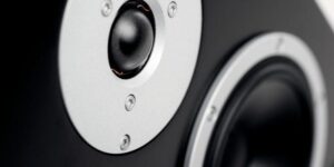 Dettaglio di un altoparlante audio moderno.