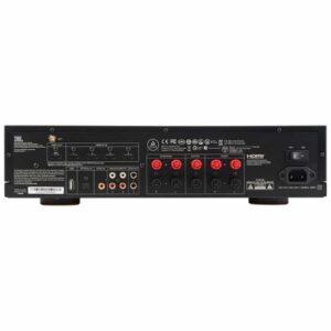Retro di un amplificatore audio con connessioni.