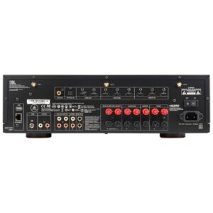 Retro di amplificatore con varie connessioni audio.