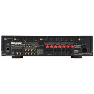 Retro di un amplificatore audio con vari ingressi.
