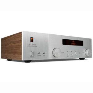 Amplificatore audio integrato stile retrò in legno e metallo.
