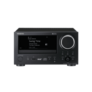 Ricevitore audio Onkyo nero con display acceso.
