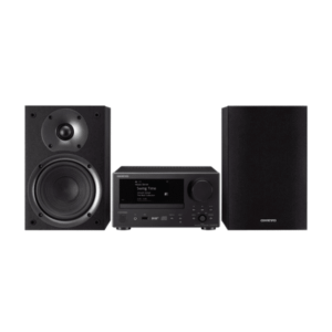 Sistema audio stereo con altoparlanti neri.