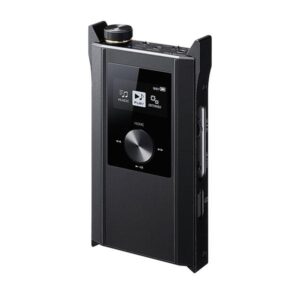 Lettore musicale portatile nero con schermo.