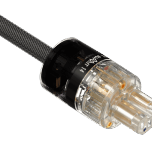 Connettore elettrico trasparente con cavo nero.