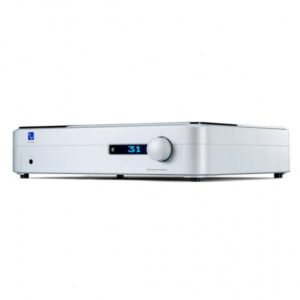 Amplificatore argento con manopola e display LED blu
