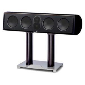 Diffusore audio nero su supporto metallico