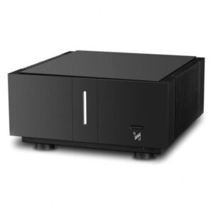 Amplificatore audio nero su sfondo bianco.