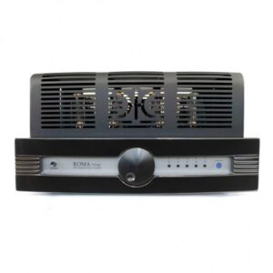 Amplificatore audio nero con valvole visibili