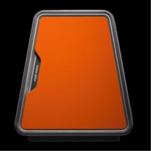 Dispositivo arancione con cornice nera ed etichetta