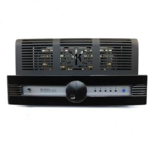 Amplificatore valvolare nero con manopola centrale.