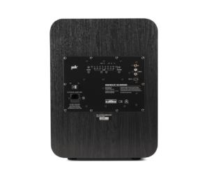 Subwoofer Polk posteriore con vari controlli e connessioni.