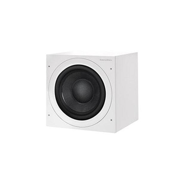 Subwoofer attivo B&W ASW610 S3 di forma quadrata con finitura bianca e griglia nera