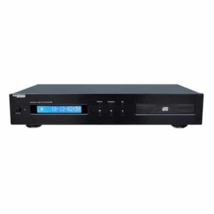 Lettore multimediale nero con schermo LCD blu.