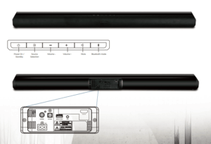 Soundbar con comandi e connessioni visibili