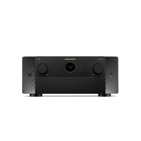 Amplificatore Marantz AV 10 visto frontalmente con manopole di controllo e display centrale