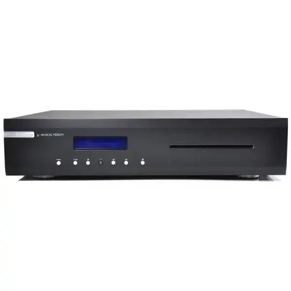 Lettore CD Musical Fidelity M2scd con pannello frontale nero e display blu
