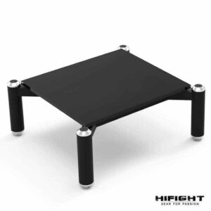Supporto audio nero con gambe regolabili.