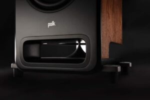 Subwoofer nero con dettagli in legno.