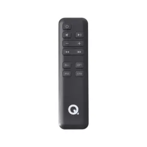 Telecomando nero minimalista con vari pulsanti.