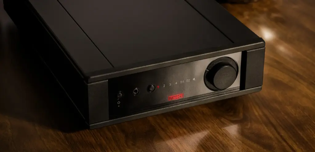 Amplificatore Rega Brio Mk7 visto frontalmente con manopole e display luminoso