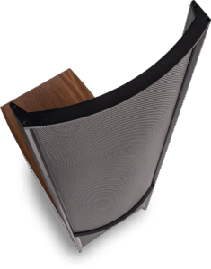 Diffusore audio curvo in legno e metallo