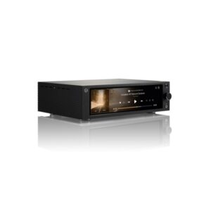 Lettore musicale Hi-Fi con schermo digitale e controlli frontali in vista laterale