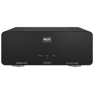 Amplificatore stereo nero con indicatori LED.