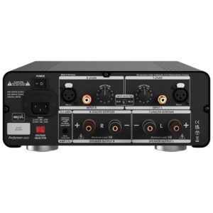 Retro amplificatore audio con connettori e impostazioni.