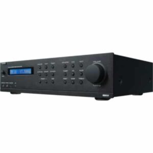 Amplificatore audio nero con manopole e display.