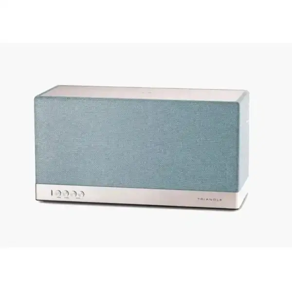 Diffusore Triangle AIO-3 con finitura tessile blu e pulsanti frontali metallici