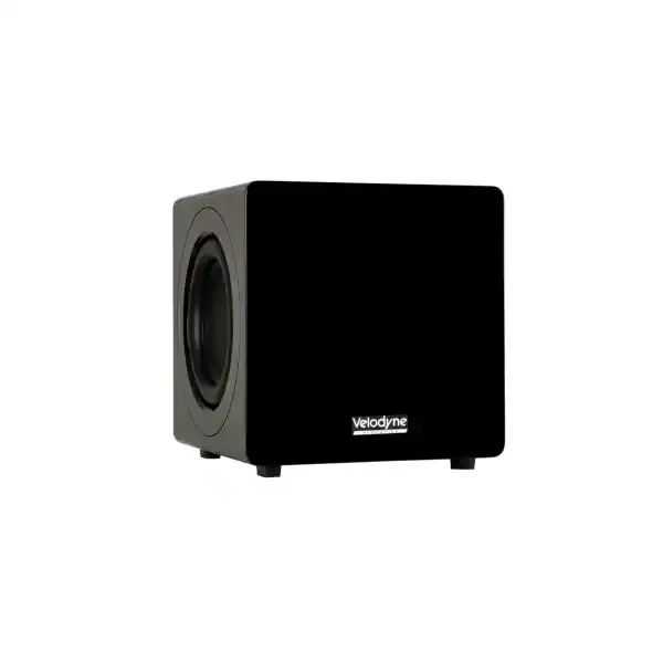 Subwoofer attivo Velodyne MiniVee X visto di lato con design quadrato e superficie nera lucida