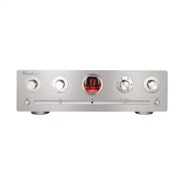 Amplificatore Vincent SA-T7 MK con manopole e tubo a vuoto centrale in vista frontale