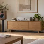 Due diffusori audio su supporti accanto a un amplificatore su un mobile in un soggiorno moderno