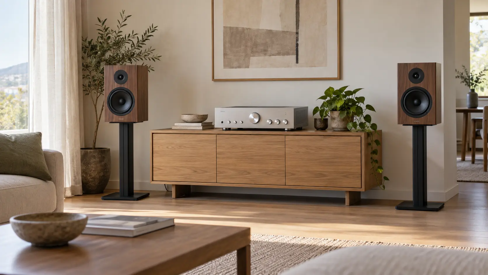 Due diffusori audio su supporti accanto a un amplificatore su un mobile in un soggiorno moderno