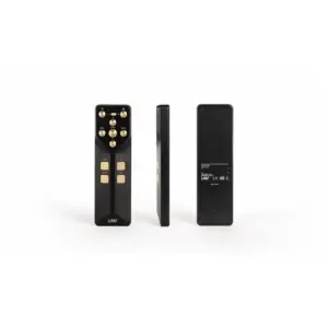Telecomando del DAC LAiV Harmony R2R con pulsanti dorati su fondo nero