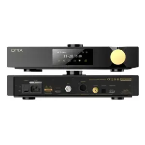 Sorgente audio ONIX Zenith XST20 vista frontale e posteriore con display e manopola dorata